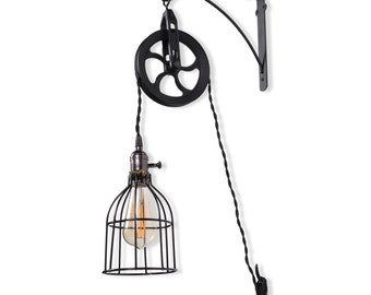 Industrial Pulley Plug-in Wall Sconce - Cage Pendant with Iron Bracket – Twisted Fabric Cord with Socket and Wall Cleat Edison Bulb Included