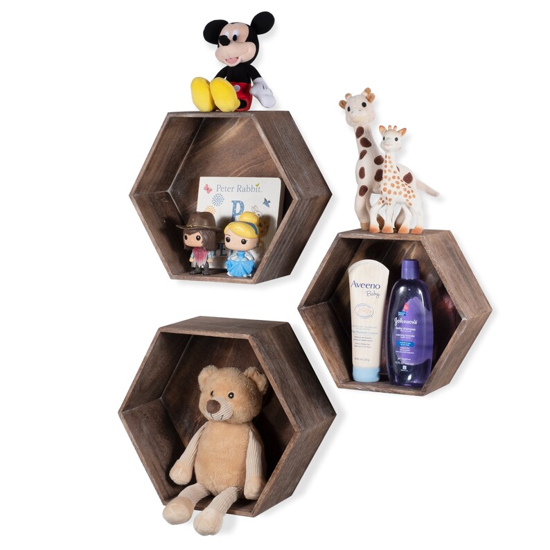 Floating Rustic Wooden Box Shelf Set of 3 Hexagon Wall Etsy