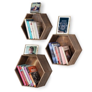 Set Of 3 Hexagon Wall Mounted Floating Rustic Wooden Box Shelf - Compartment For Farmhouse Style Decor