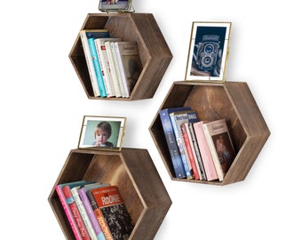 Set Of 3 Hexagon Wall Mounted Floating Rustic Wooden Box Shelf - Compartment For Farmhouse Style Decor