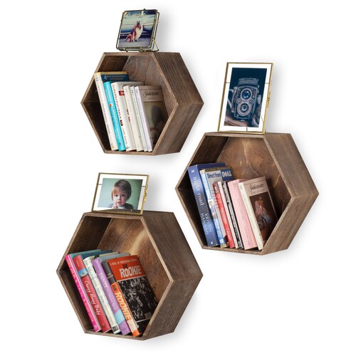 Floating Rustic Wooden Box Shelf Set of 3 Hexagon Wall Etsy