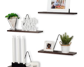 Set Of 4 Hanging Wooden Shelves - Multi Use Walnut Shelving Units w/ Triangle Brackets | High Quality & Durable Industrial Home Decor