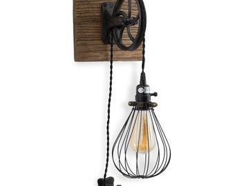 Rustic State Vintage Chic Unique Industrial Wood and Pulley Design Wall Pendant Lamp with 15’ Fabric Cord Edison Light Bulb Included