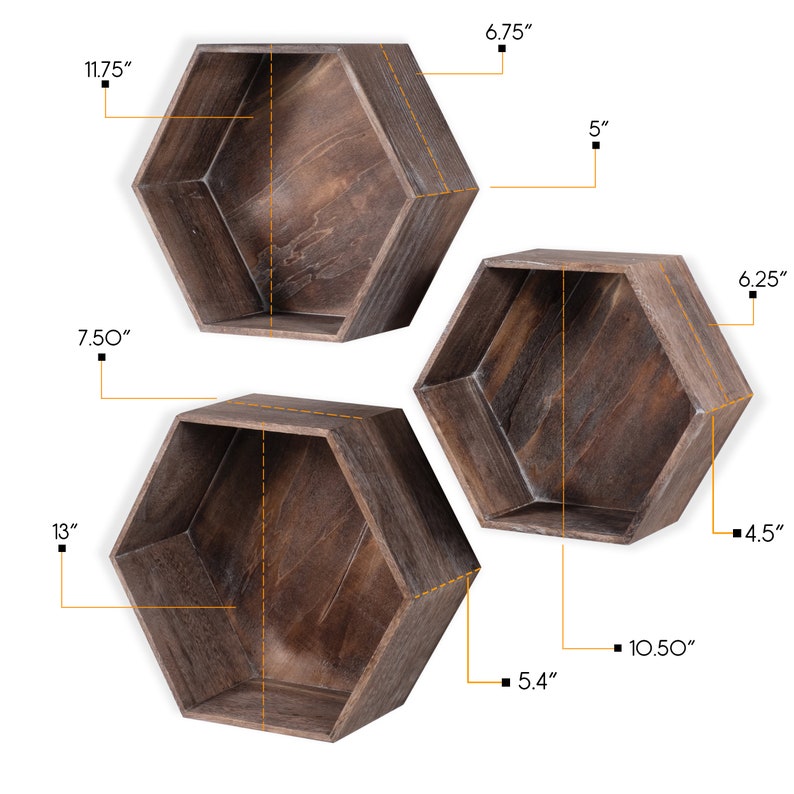 Floating Rustic Wooden Box Shelf Set of 3 Hexagon Wall Etsy