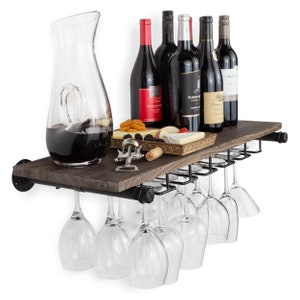 Rustic State Floating Shelf Stemware Holder Wine Rack Reclaimed Wood with Pipe Industrial Pipe Brackets Walnut image 2