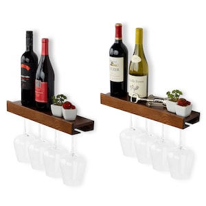 Rustic State Smith Wall Mounted Wood Wine Bottle and Wine Glass Holder Stemware Rack Storage Walnut | Set of 2