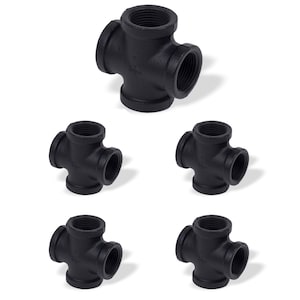 Rustic State Industrial Plumbing Iron Pipe Rust Free 4 Way Cross Connector for DIY Projects Black Set of 5