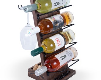 Rustic State Rueda Tabletop Wine Rack and Stemware Glass Holder with Cork Storage, Walnut