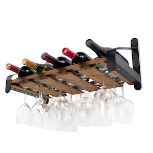 Rustic State Wall Mounted Wood Wine Rack with Stemware Holder Walnut