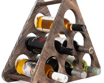 Rustic State Triangle Table Top Wood Wine Rack 6 Bottles Burnt Brown