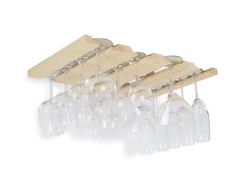 Under Cabinet Hanging Stemware Rack Set with Easy Installation Stickers 11 Inch Stain-able Natural Wood