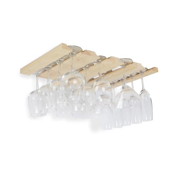 Under Cabinet Hanging Stemware Rack Set with Easy Installation Stickers 11 Inch Stain-able Natural Wood