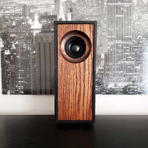 May include: A rectangular wooden speaker with a black frame and a circular speaker. The speaker's wood grain is visible, and the speaker itself is black. The background is a black and white cityscape.