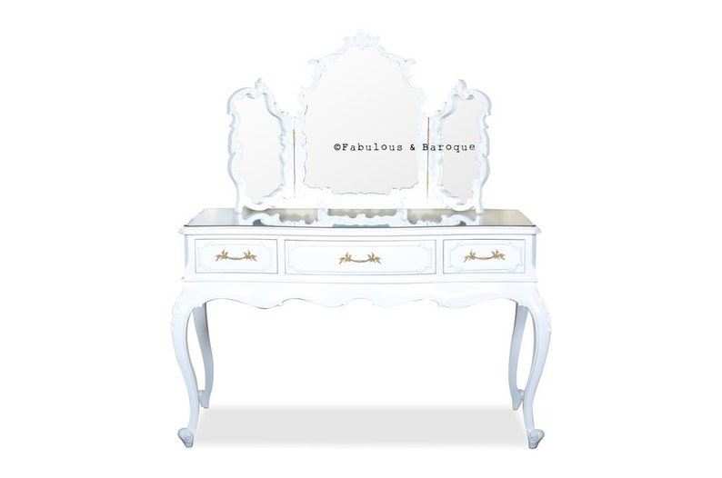 Eveline Dressing Table White Lacquer W Tri Fold Mirror