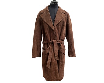 Vintage 70s Brown Suede Leather Trench Coat With Tie Closure | Unisex M/L