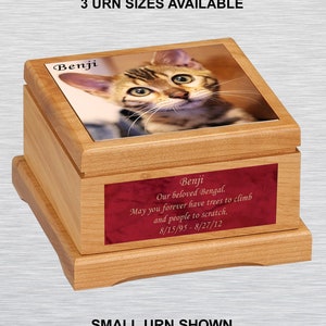 Custom Alder Wood Cremation Memorial Pet Urn Personalized With Your Pet Photo + Message Engraved On a Plate. 3 Urn Sizes & 9 Plate Colors