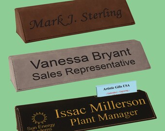 Personalized Custom Engraved Faux Leather Desk Name Plate Wedges - Available in Black, Dark Brown and Gray. Available in 8 or 10 Inches.