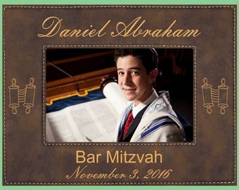 Choose From 9 Frame Colors /& 2 Frame Sizes. Personalized Bar Mitzvah Gift Custom Engraved In Hebrew And English Faux Leather Picture Frame