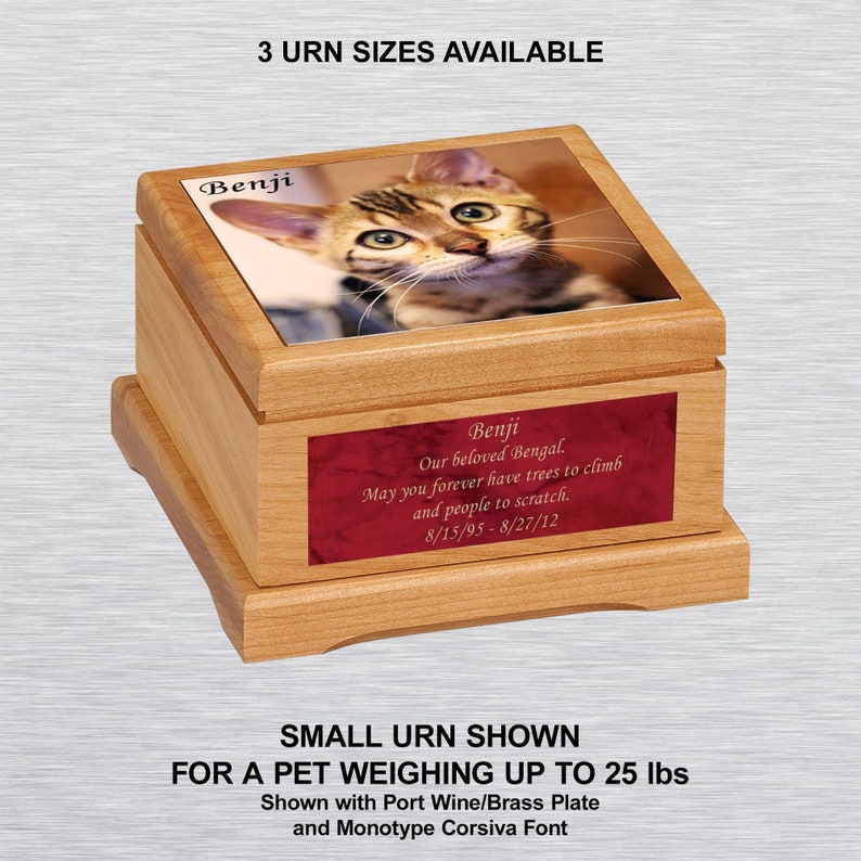 Custom Alder Wood Cremation Memorial Pet Urn Personalized With Your Pet Photo + Message Engraved On a Plate. 3 Urn Sizes & 9 Plate Colors 