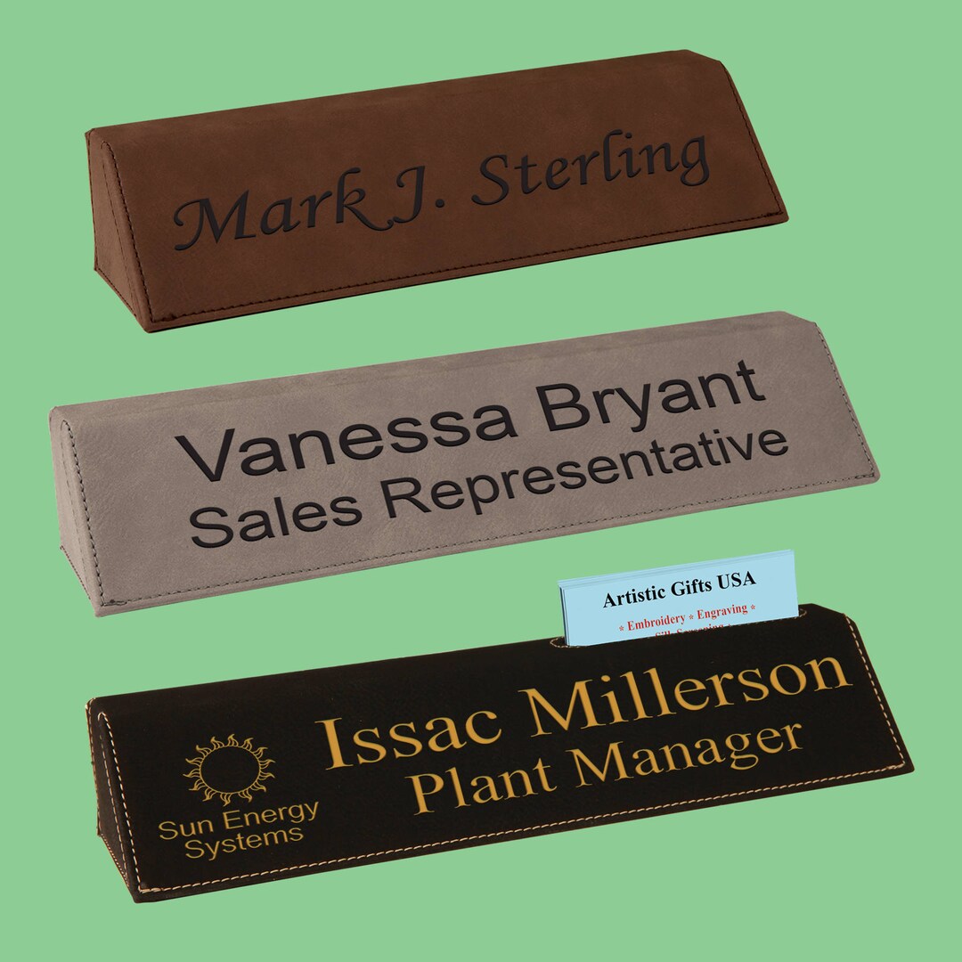 Personalized Custom Engraved Faux Leather Desk Name Plate Wedges