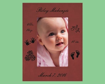 Personalized New Born Baby Custom Engraved Leatherette Faux Leather Photo Frame. Choose From 9 Frame Colors And  2 Frame Sizes.