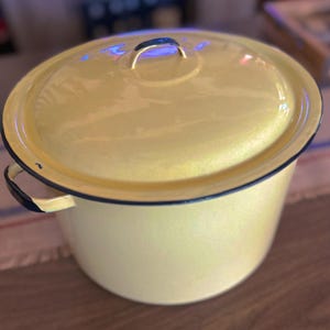May include: A yellow enamelware pot with a black rim and a matching lid. The pot has two handles on the sides and a single handle on the lid.