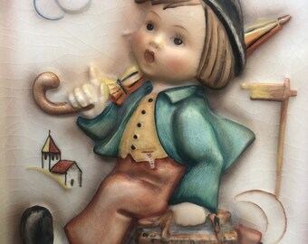 Set of Two Vintage GOEBEL HUMMEL Wall Plaques Boy W/umbrella