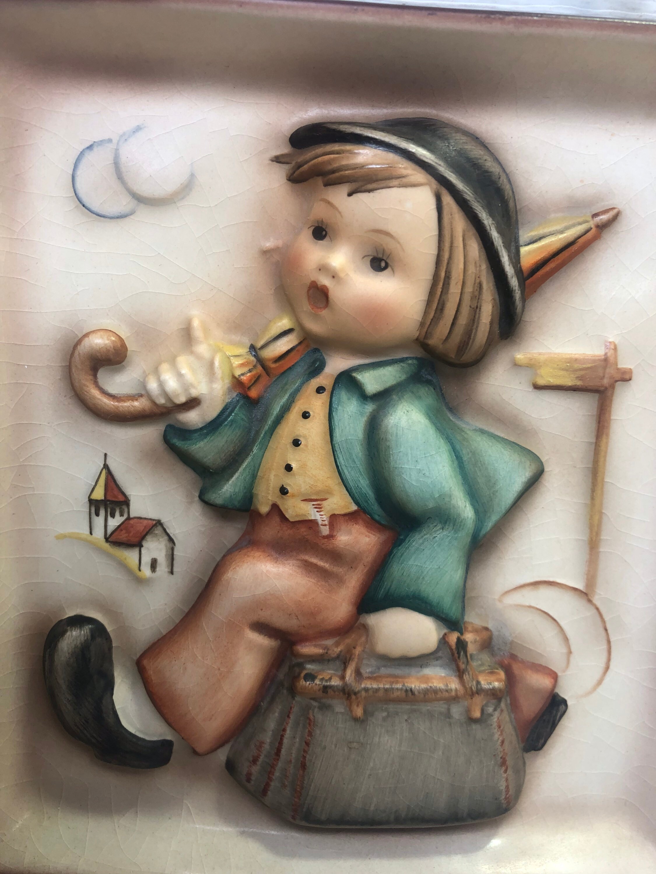 Set of Two Vintage GOEBEL HUMMEL Wall Plaques Boy W/umbrella