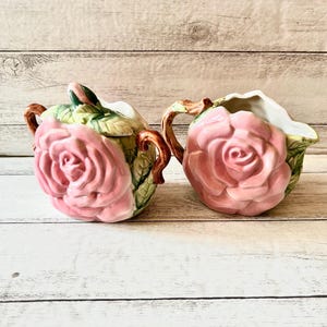 Vintage (Discontinued) Rose by Fitz and Floyd Sugar Bowl and Creamer Set | Part of the Fitz and Floyd Omnibus Collection