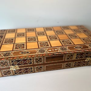 Fancy Vintage Mosaic Wood Backgammon/Checker Board Set