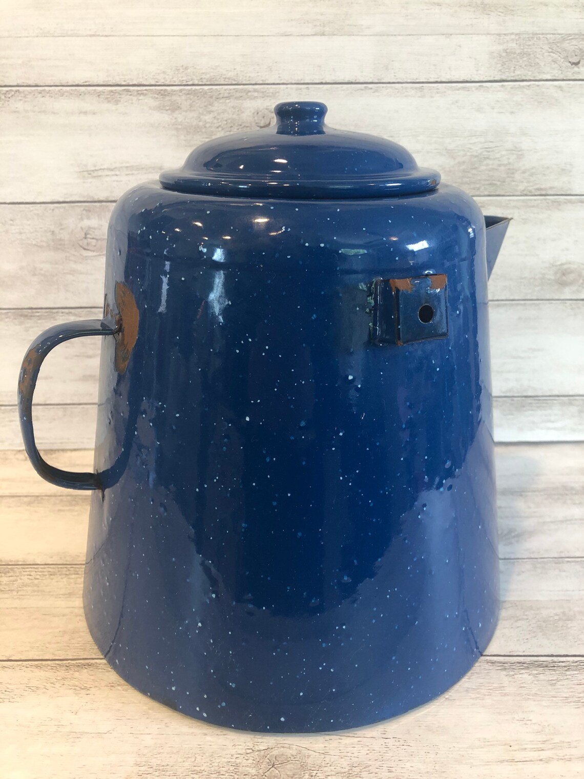Large Vintage Blue Speckled Enamelware Cowboy Camping Coffee Etsy