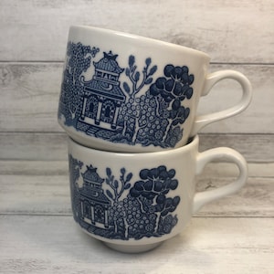 Vintage Set of Two (2) Churchill Blue Willow Pattern Coffee or Tea Cups | Made in Staffordshire England