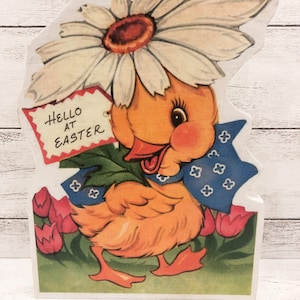 Vintage Illustration Easter Decor | Chick Under Giant Daisy | Wood Cutout | Shelf Sitter | Farmhouse Decor