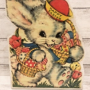 Vintage Illustration Easter Bunny Decor | Bunny With Basket | Wood Cutout | Shelf Sitter | Farmhouse Decor