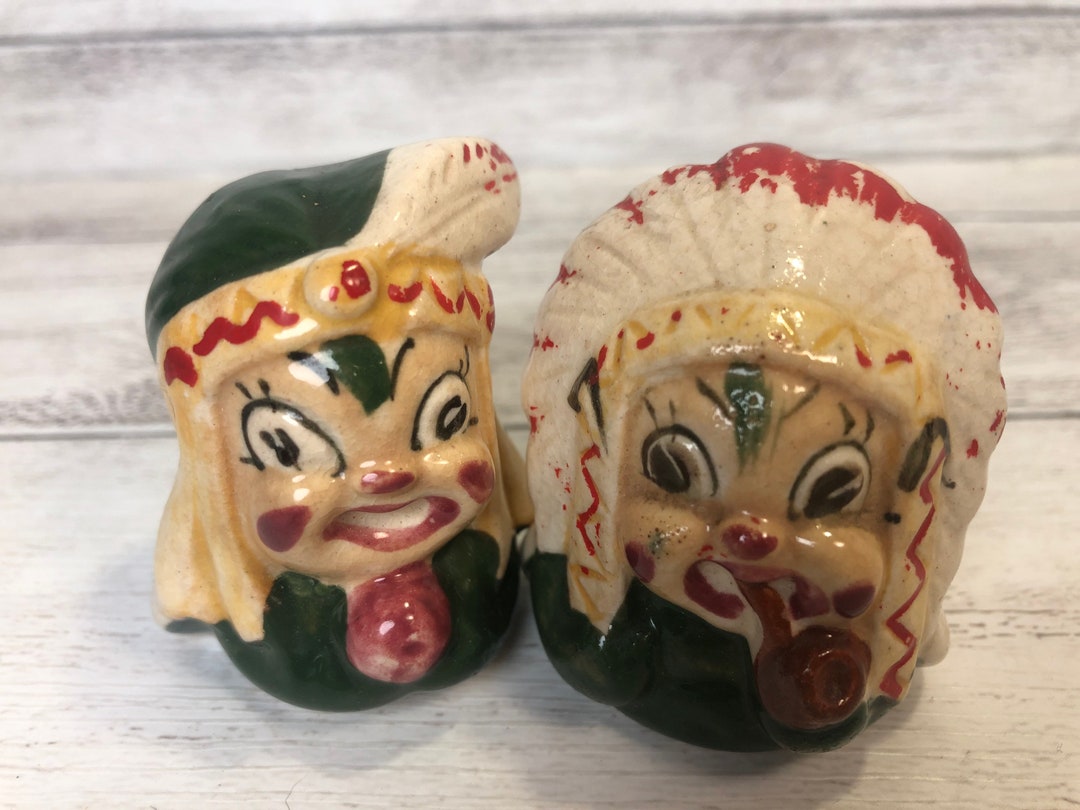 Vintage Ceramic Pottery Salt & Pepper Shakers Native American Indians