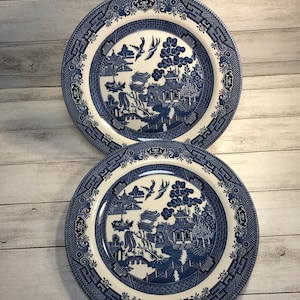 Vintage Churchill Made in Staffordshire England Blue Willow Dinner Plates Set of 2 | Fine China Porcelain