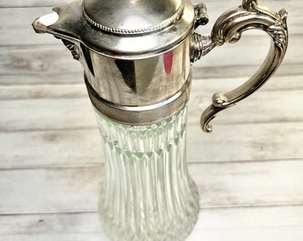 Vintage Pressed Glass Carafe with Plated Hinged Lid and Handle, Ornate Handle, Vintage Beverage Serving