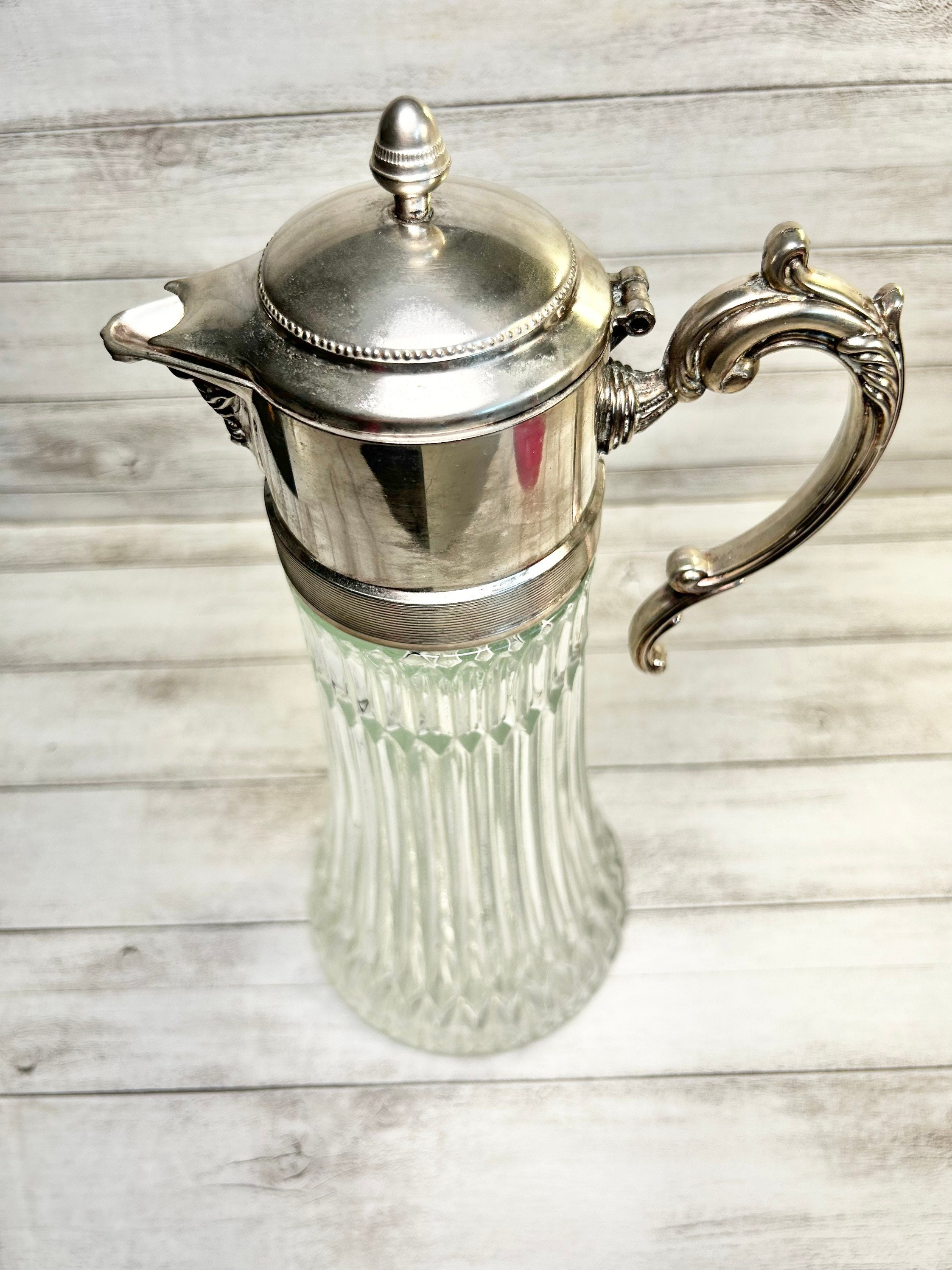 Large Carafe Glass Silver Plated Lid Vintage Pre War Germany