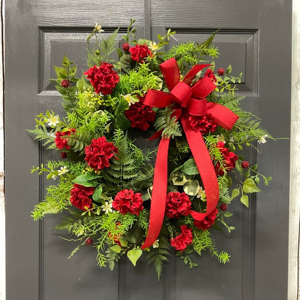 Red Geranium Wreath, Red Spring and summer Wreath, Porch decor, Spring Decorations, Front door Wreath with Red, Mothers Day Flowers, Easter