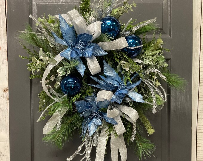 Blue and Silver Winter Wonderland Door Wreath Elegant Blue - Etsy