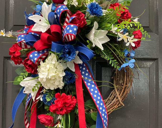 Patriotic Wreath for Front Door, Fourth of July, Red White and Blue ...