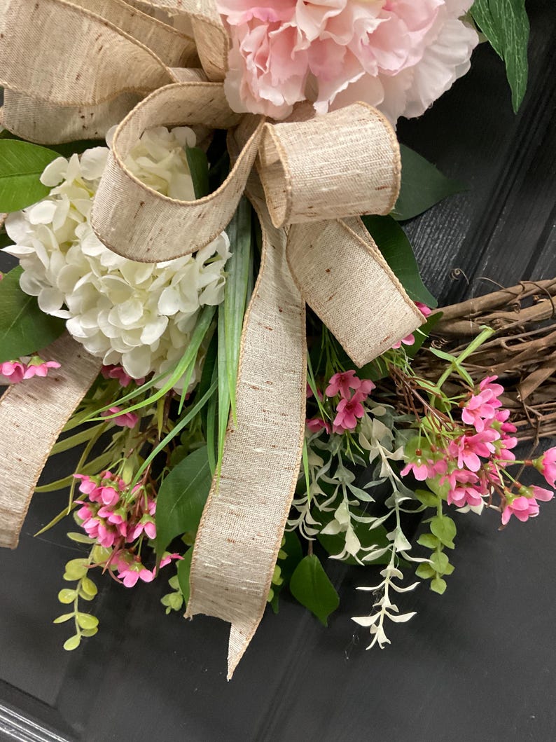Small Spring Floral Wreath, Pink and White Peony Wreath With Burlap Bow ...