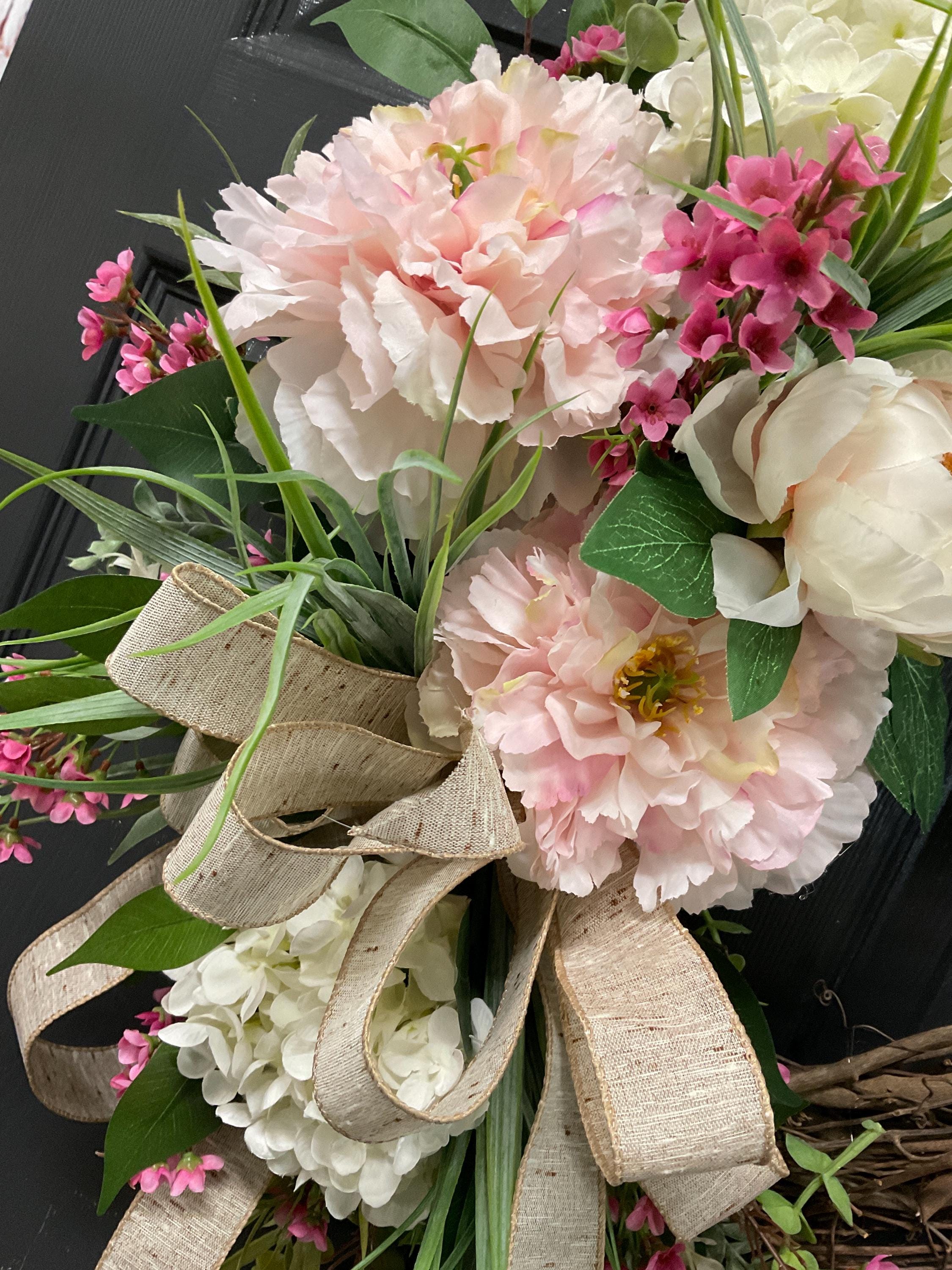 Small Spring Floral Wreath, Pink and White Peony Wreath With Burlap Bow ...