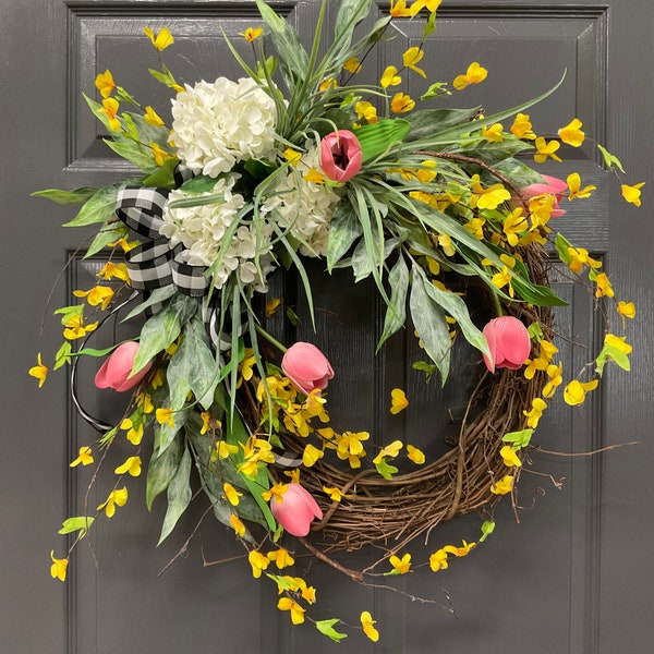 Spring Tulip Door Wreath, Wreath for Spring decorating, Pink tulips for Spring, Yellow Forsythia, White hydrangea and buffalo check, Wreaths