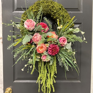 Spring or Summer Door Wreath, Pink wreaths, Garden Style Wreath, Pink Peony Wreath, Pink Zinnias, Moss covered wreath, Door Wreath Spring