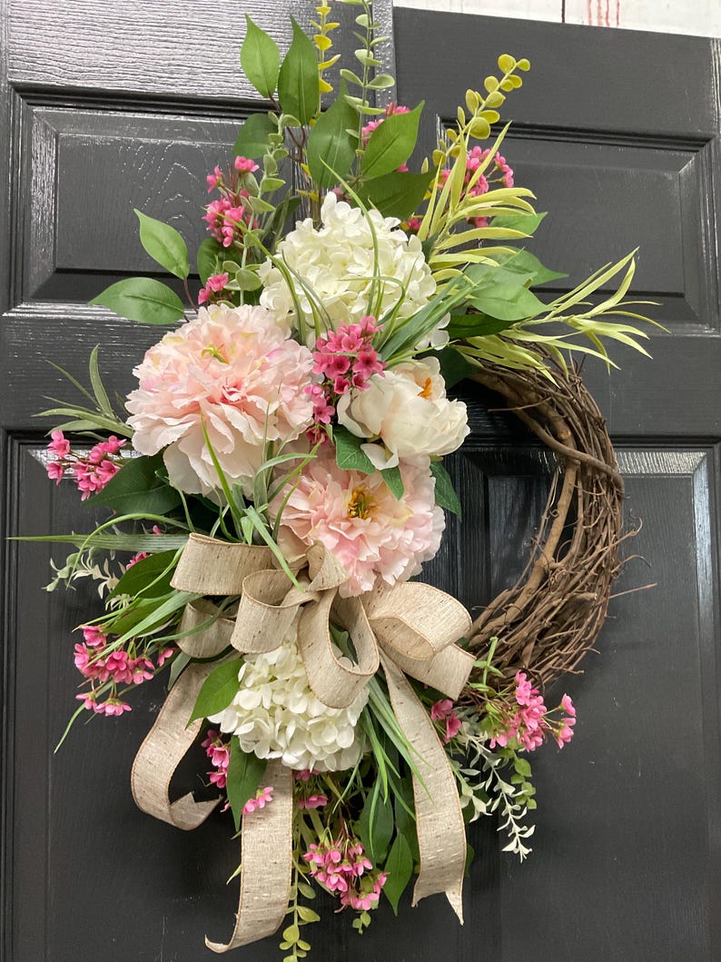 Small Spring Floral Wreath, Pink and White Peony Wreath With Burlap Bow ...
