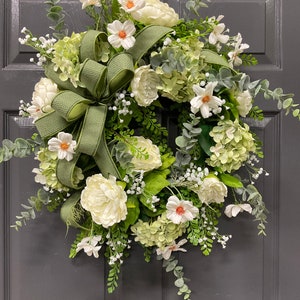 Green and White Wreath, Green Hydrangea Wreath, Spring or Summer Door ...