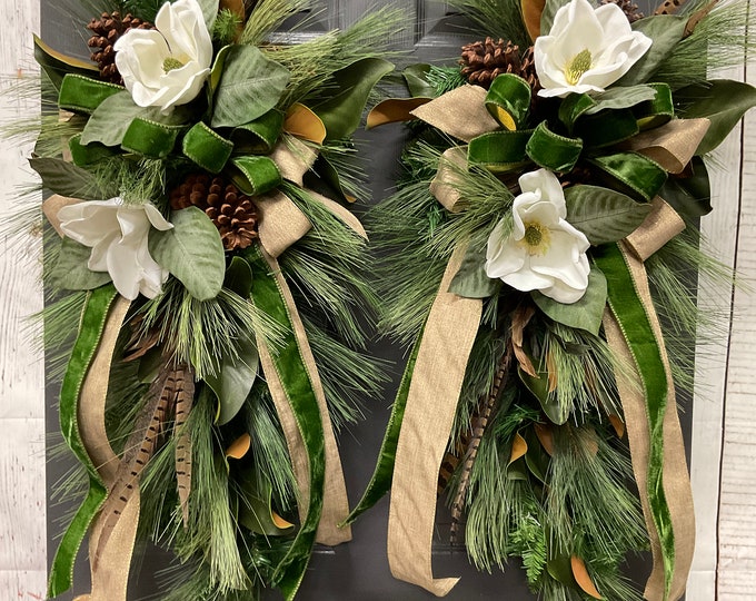 Winter Magnolia Door Swag, Double Door Christmas Swags, Matching