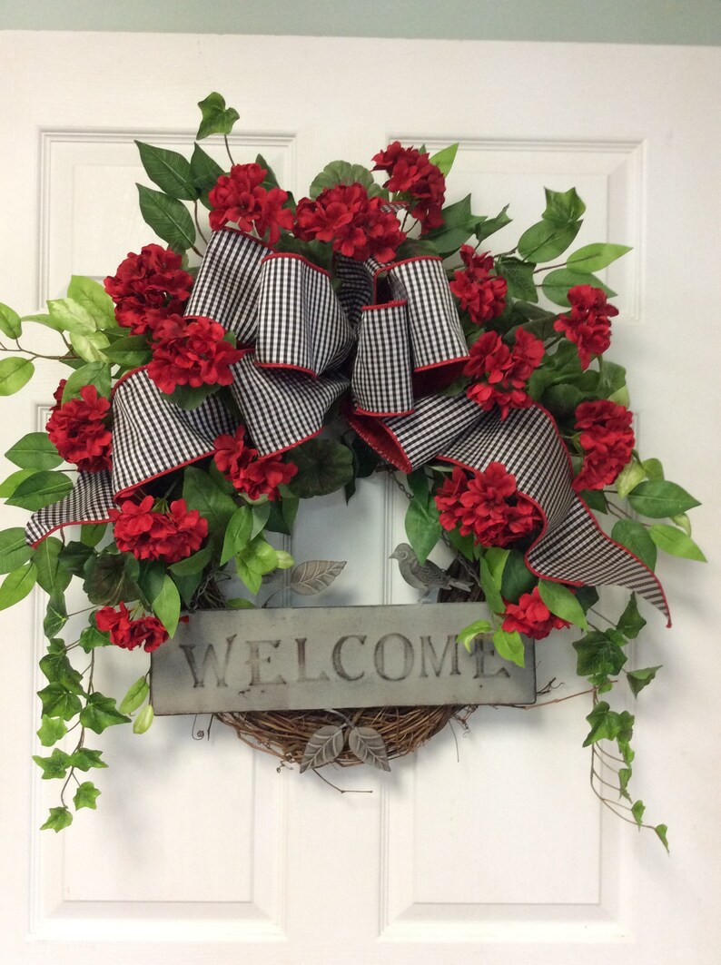 Red Geranium Wreath Summer Door Wreath Summer Etsy