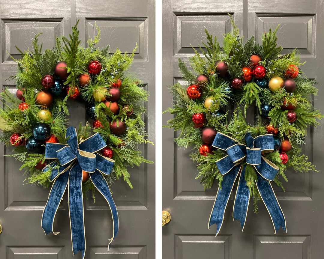 Double Door Christmas Wreaths, Blue Ornament Wreath, Blue and Gold